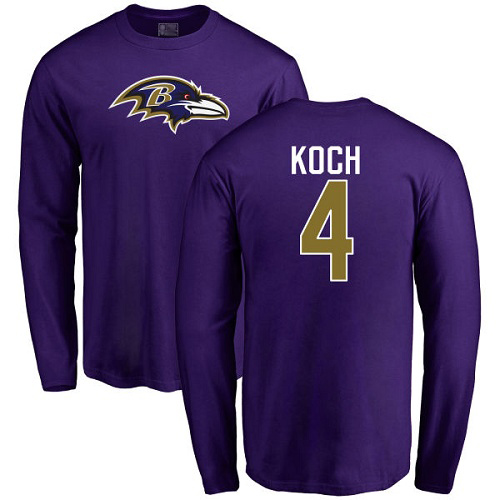 Men Baltimore Ravens Purple Sam Koch Name and Number Logo NFL Football #4 Long Sleeve T Shirt